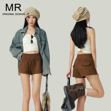 FA56185# 咖啡色鹿皮绒高腰休闲短裤女秋冬新款松紧腰显瘦外穿a字热裤 服裝批發女裝批發服飾貨源