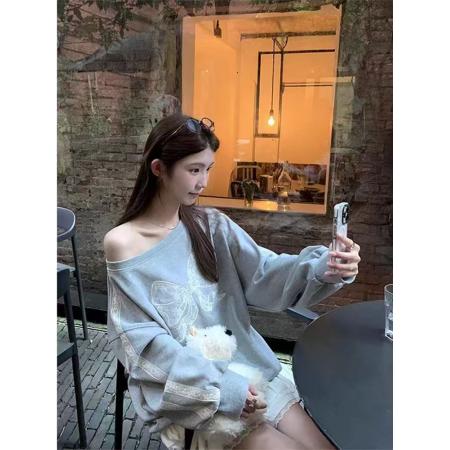 FA56188# 仿棉华棉复合春秋款蕾丝花边设计感灰色气质卫衣女 服裝批發女裝批發服飾貨源