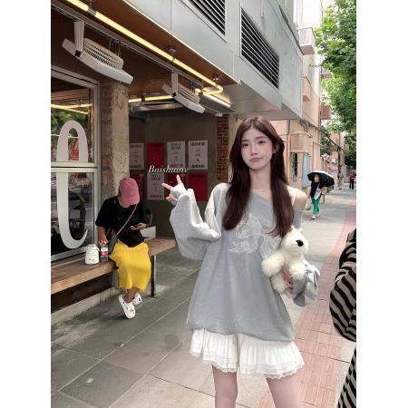 FA56188# 仿棉华棉复合春秋款蕾丝花边设计感灰色气质卫衣女 服裝批發女裝批發服飾貨源