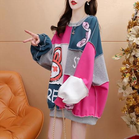 FA56189# 斜纹春秋薄款圆领卫衣宽松中长款外套女 服裝批發女裝批發服飾貨源