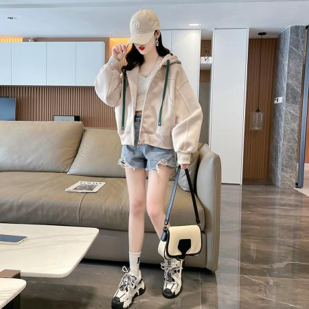 FA56193# 珠地拉链大码女装春秋薄长袖卫衣女韩版宽松显瘦拼接上衣网红 服裝批發女裝批發服飾貨源