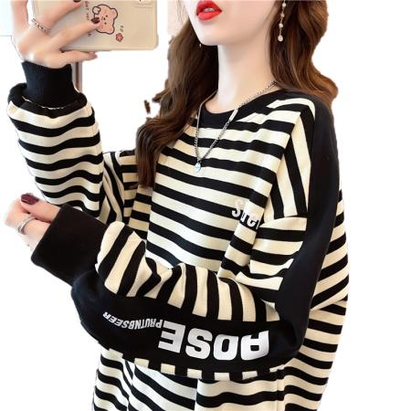 FA56195# 棉质大码女装春秋薄长袖卫衣女韩版宽松珠地条纹设计感上衣 服裝批發女裝批發服飾貨源