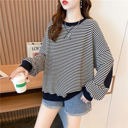 FA56197# 后包领棉朱地条纹秋冬新款大码卫衣女 服裝批發女裝批發服飾貨源