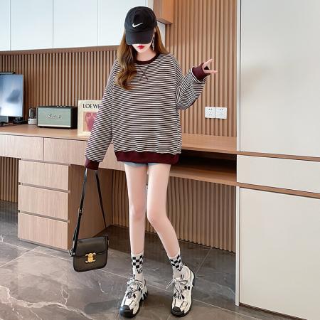 FA56197# 后包领棉朱地条纹秋冬新款大码卫衣女 服裝批發女裝批發服飾貨源