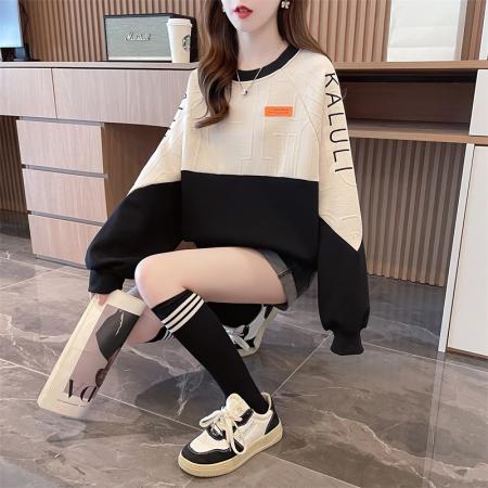 FA56203# 首发夹层提花配螺纹早秋小个子圆领长袖卫衣女 服裝批發女裝批發服飾貨源