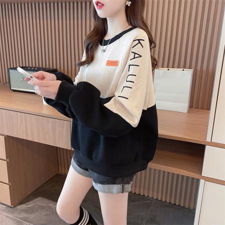 FA56203# 首发夹层提花配螺纹早秋小个子圆领长袖卫衣女 服裝批發女裝批發服飾貨源