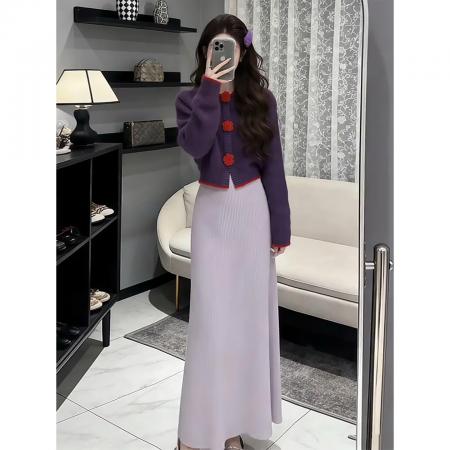 FA56209# 小个子紫色短款针织毛衣外套女秋冬新款显瘦百搭 服裝批發女裝批發服飾貨源