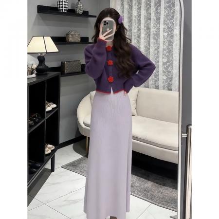 FA56209# 小个子紫色短款针织毛衣外套女秋冬新款显瘦百搭 服裝批發女裝批發服飾貨源