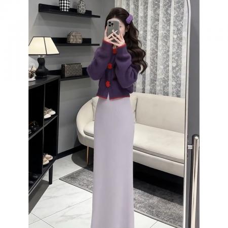 FA56209# 小个子紫色短款针织毛衣外套女秋冬新款显瘦百搭 服裝批發女裝批發服飾貨源