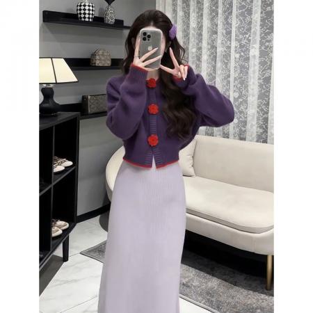 FA56209# 小个子紫色短款针织毛衣外套女秋冬新款显瘦百搭 服裝批發女裝批發服飾貨源