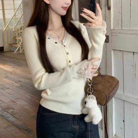 FA56212# 新款早春绝美蕾丝v领打底衫女内搭高级感毛衣长袖针织上衣 服裝批發女裝批發服飾貨源