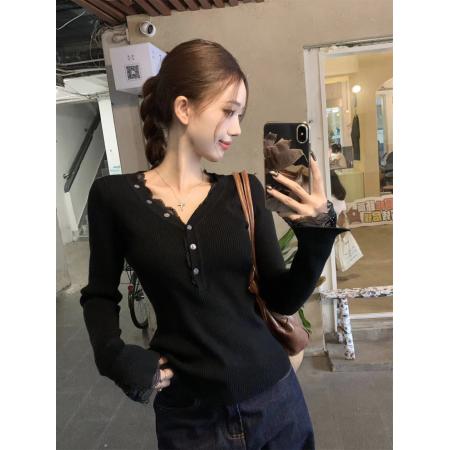 FA56212# 新款早春绝美蕾丝v领打底衫女内搭高级感毛衣长袖针织上衣 服裝批發女裝批發服飾貨源