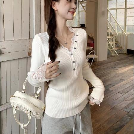FA56212# 新款早春绝美蕾丝v领打底衫女内搭高级感毛衣长袖针织上衣 服裝批發女裝批發服飾貨源