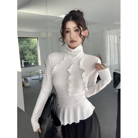 FA56215# 复古甜辣妹高领拼接荷叶边不规则下摆修身显瘦内搭打底衫 服裝批發女裝批發服飾貨源