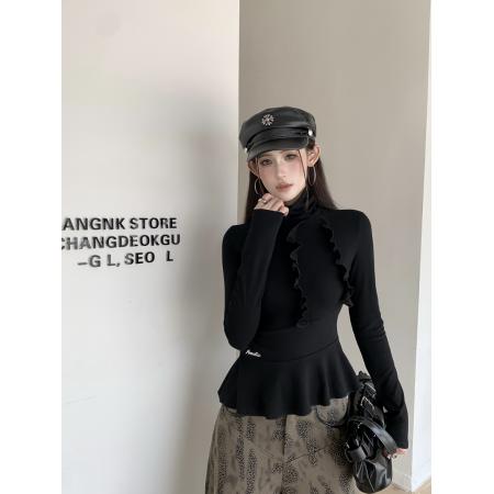 FA56215# 复古甜辣妹高领拼接荷叶边不规则下摆修身显瘦内搭打底衫 服裝批發女裝批發服飾貨源