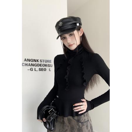 FA56215# 复古甜辣妹高领拼接荷叶边不规则下摆修身显瘦内搭打底衫 服裝批發女裝批發服飾貨源