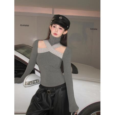 FA56216# 复古辣妹高领拼接镂空露肩修身显瘦磨毛设计感内搭打底衫 服裝批發女裝批發服飾貨源