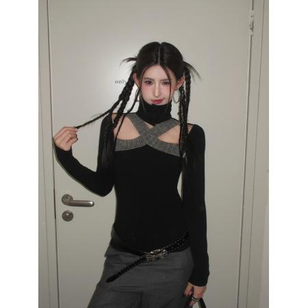 FA56217# 复古辣妹高领拼接镂空露肩修身显瘦磨毛设计感内搭打底衫 服裝批發女裝批發服飾貨源