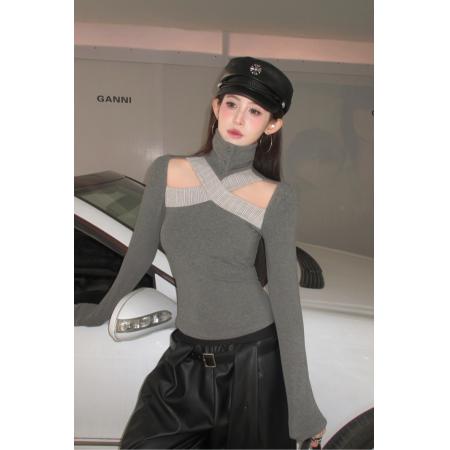 FA56217# 复古辣妹高领拼接镂空露肩修身显瘦磨毛设计感内搭打底衫 服裝批發女裝批發服飾貨源