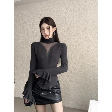 FA56218# 春季纯欲高领拼接蕾丝网纱不规则喇叭袖透视修身显瘦上衣 服裝批發女裝批發服飾貨源