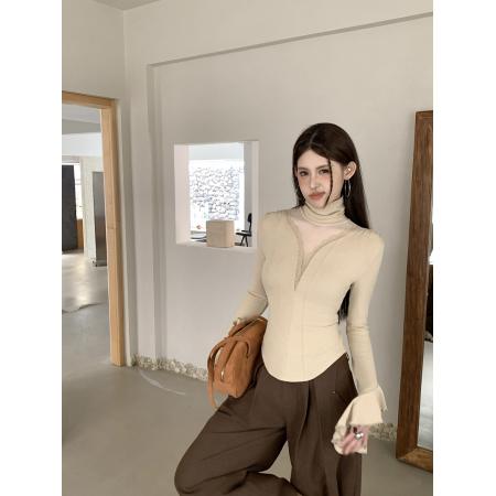 FA56218# 春季纯欲高领拼接蕾丝网纱不规则喇叭袖透视修身显瘦上衣 服裝批發女裝批發服飾貨源