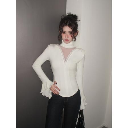 FA56218# 春季纯欲高领拼接蕾丝网纱不规则喇叭袖透视修身显瘦上衣 服裝批發女裝批發服飾貨源