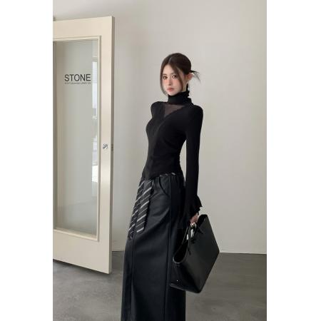 FA56218# 春季纯欲高领拼接蕾丝网纱不规则喇叭袖透视修身显瘦上衣 服裝批發女裝批發服飾貨源