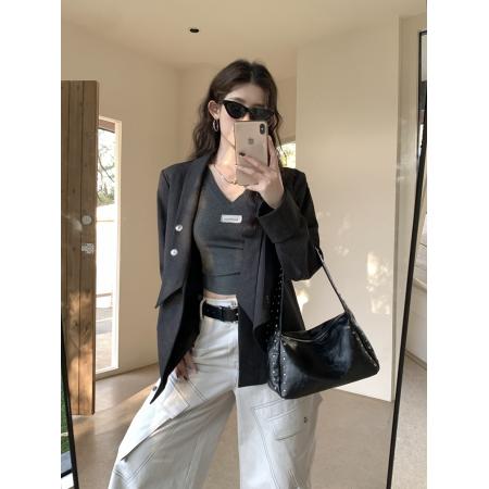FA56219# 春季复古百搭不规则下摆西装外套设计感宽松拼接小众西服 服裝批發女裝批發服飾貨源