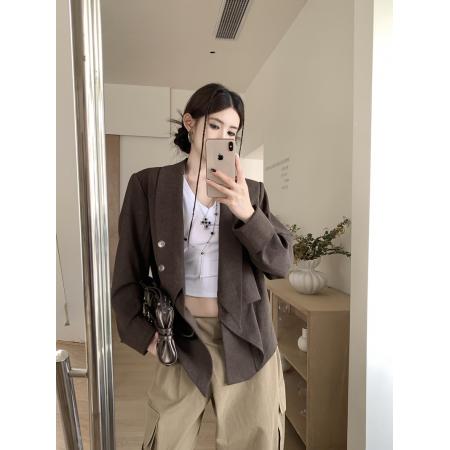 FA56219# 春季复古百搭不规则下摆西装外套设计感宽松拼接小众西服 服裝批發女裝批發服飾貨源