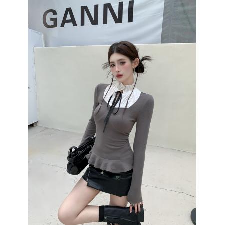 FA56220# 春季纯欲甜美拼接立领绑带假两件长袖荷叶边修身收腰上衣 服裝批發女裝批發服飾貨源