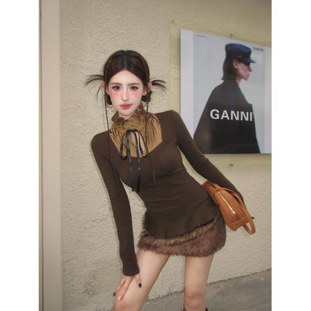 FA56220# 春季纯欲甜美拼接立领绑带假两件长袖荷叶边修身收腰上衣 服裝批發女裝批發服飾貨源