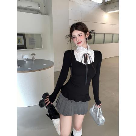 FA56220# 春季纯欲甜美拼接立领绑带假两件长袖荷叶边修身收腰上衣 服裝批發女裝批發服飾貨源