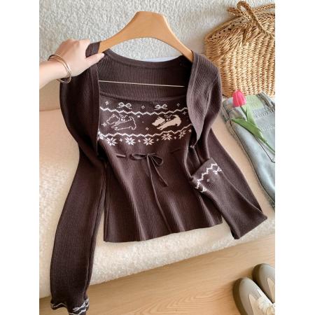 FA56221# 费尔岛毛衫女咖色毛衣叠穿两件套针织开衫外套秋冬 服裝批發女裝批發服飾貨源