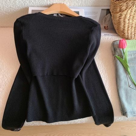 FA56221# 费尔岛毛衫女咖色毛衣叠穿两件套针织开衫外套秋冬 服裝批發女裝批發服飾貨源