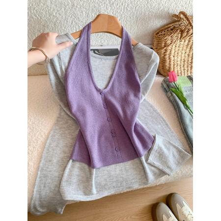 FA56222# 设计感打底T恤挂脖毛针织衫女春季内搭上衣两件套 服裝批發女裝批發服飾貨源