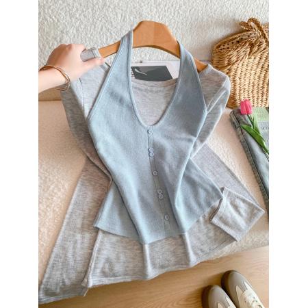 FA56222# 设计感打底T恤挂脖毛针织衫女春季内搭上衣两件套 服裝批發女裝批發服飾貨源