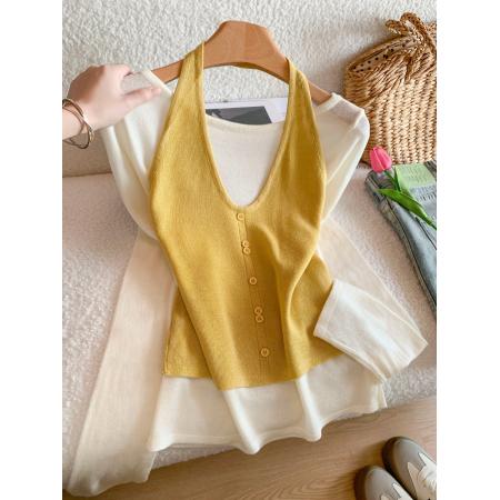 FA56222# 设计感打底T恤挂脖毛针织衫女春季内搭上衣两件套 服裝批發女裝批發服飾貨源