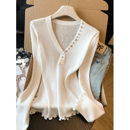 FA56223# 甜氧旋律修身显瘦V领内搭女多粒扣木耳边长袖打底针织衫 服裝批發女裝批發服飾貨源