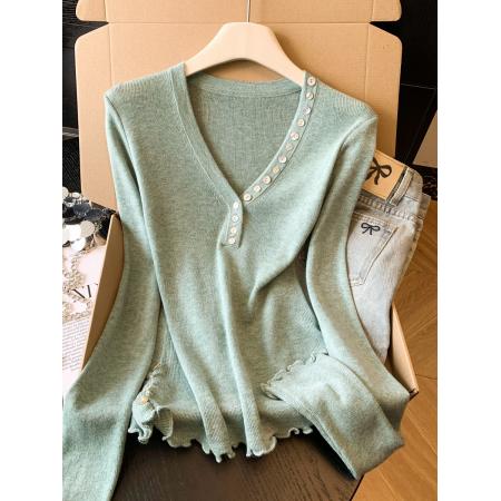 FA56223# 甜氧旋律修身显瘦V领内搭女多粒扣木耳边长袖打底针织衫 服裝批發女裝批發服飾貨源