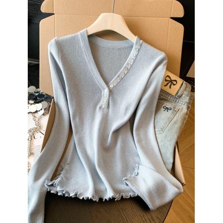 FA56223# 甜氧旋律修身显瘦V领内搭女多粒扣木耳边长袖打底针织衫 服裝批發女裝批發服飾貨源