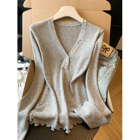 FA56223# 甜氧旋律修身显瘦V领内搭女多粒扣木耳边长袖打底针织衫 服裝批發女裝批發服飾貨源