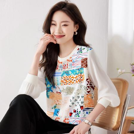 FA56224# 新款女长袖春新款高端印花拼接套头休闲上衣 服裝批發女裝批發服飾貨源