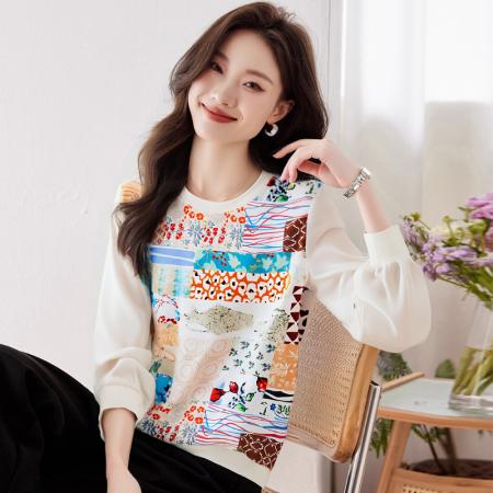 FA56224# 新款女长袖春新款高端印花拼接套头休闲上衣 服裝批發女裝批發服飾貨源