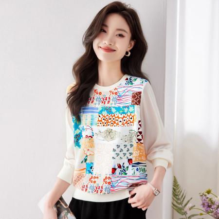 FA56224# 新款女长袖春新款高端印花拼接套头休闲上衣 服裝批發女裝批發服飾貨源