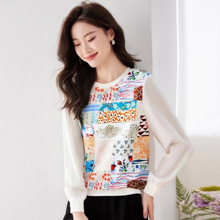FA56224# 新款女长袖春新款高端印花拼接套头休闲上衣 服裝批發女裝批發服飾貨源