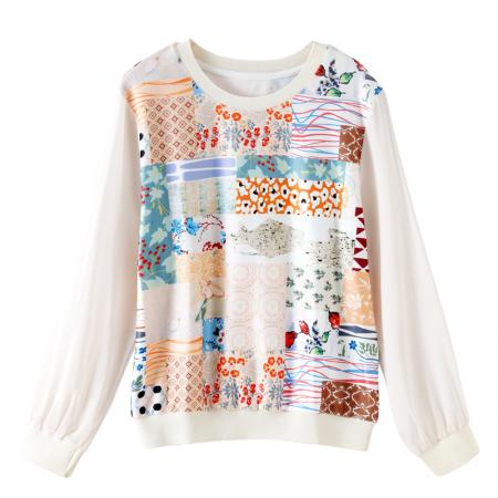 FA56224# 新款女长袖春新款高端印花拼接套头休闲上衣 服裝批發女裝批發服飾貨源