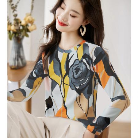 FA56225# 长袖设计感宽松套头扎染上衣女春新款韩国网印花圆领T恤 服裝批發女裝批發服飾貨源