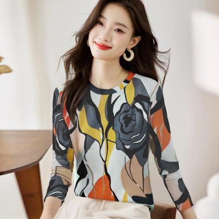 FA56225# 长袖设计感宽松套头扎染上衣女春新款韩国网印花圆领T恤 服裝批發女裝批發服飾貨源