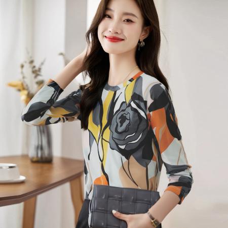 FA56225# 长袖设计感宽松套头扎染上衣女春新款韩国网印花圆领T恤 服裝批發女裝批發服飾貨源