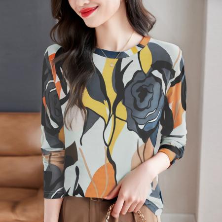 FA56225# 长袖设计感宽松套头扎染上衣女春新款韩国网印花圆领T恤 服裝批發女裝批發服飾貨源